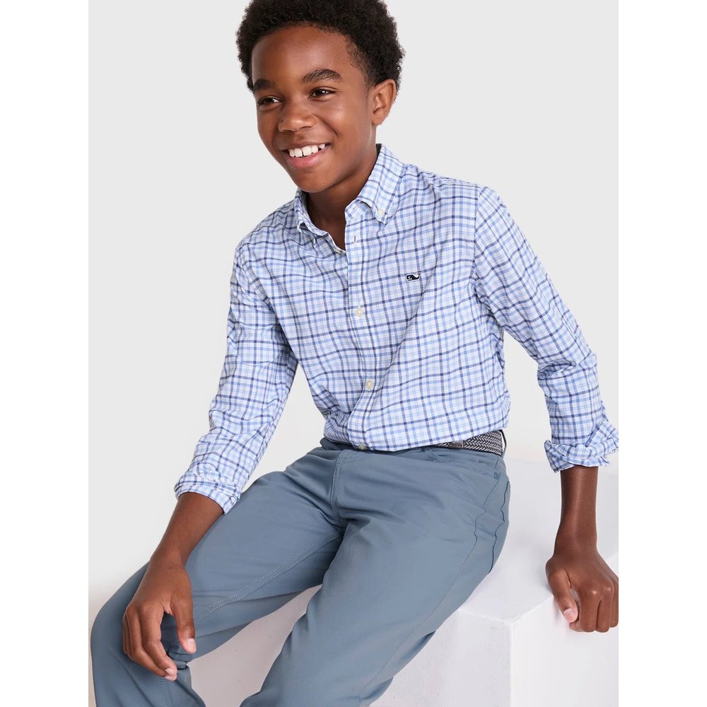Vineyard Vines Boys XL 18 On-The-Go Performance Plaid Button Down Shirt Blue EUC